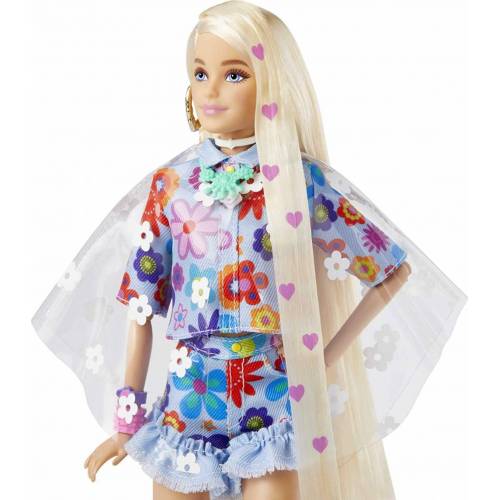 Кукла Барби Экстра Модница в джинсовом костюме с цветами Barbie Extra Doll #12 in Floral 2-Piece Fashion with Pet Bunny